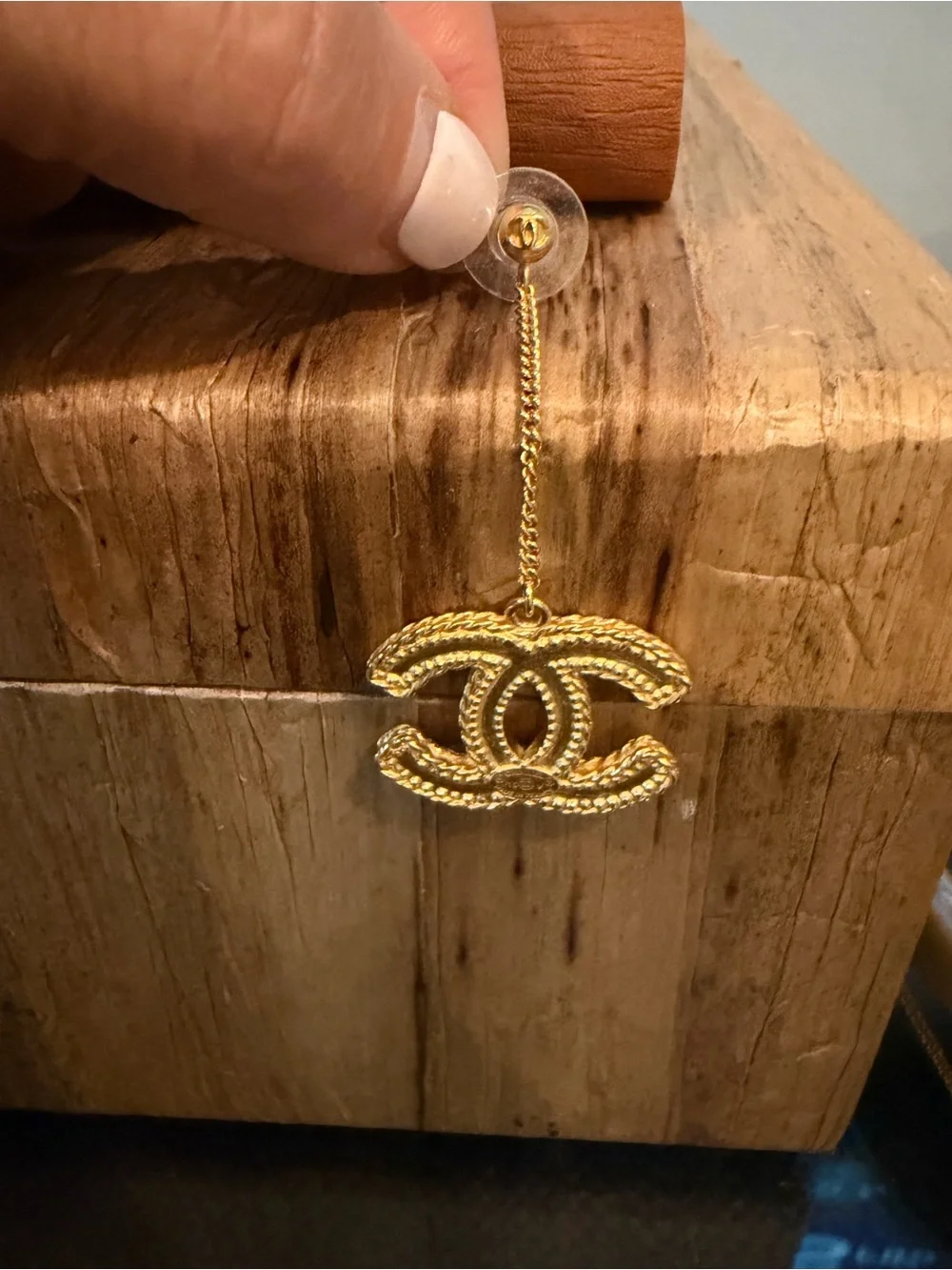 CHANEL Gold Double C Drop Chain Earrings